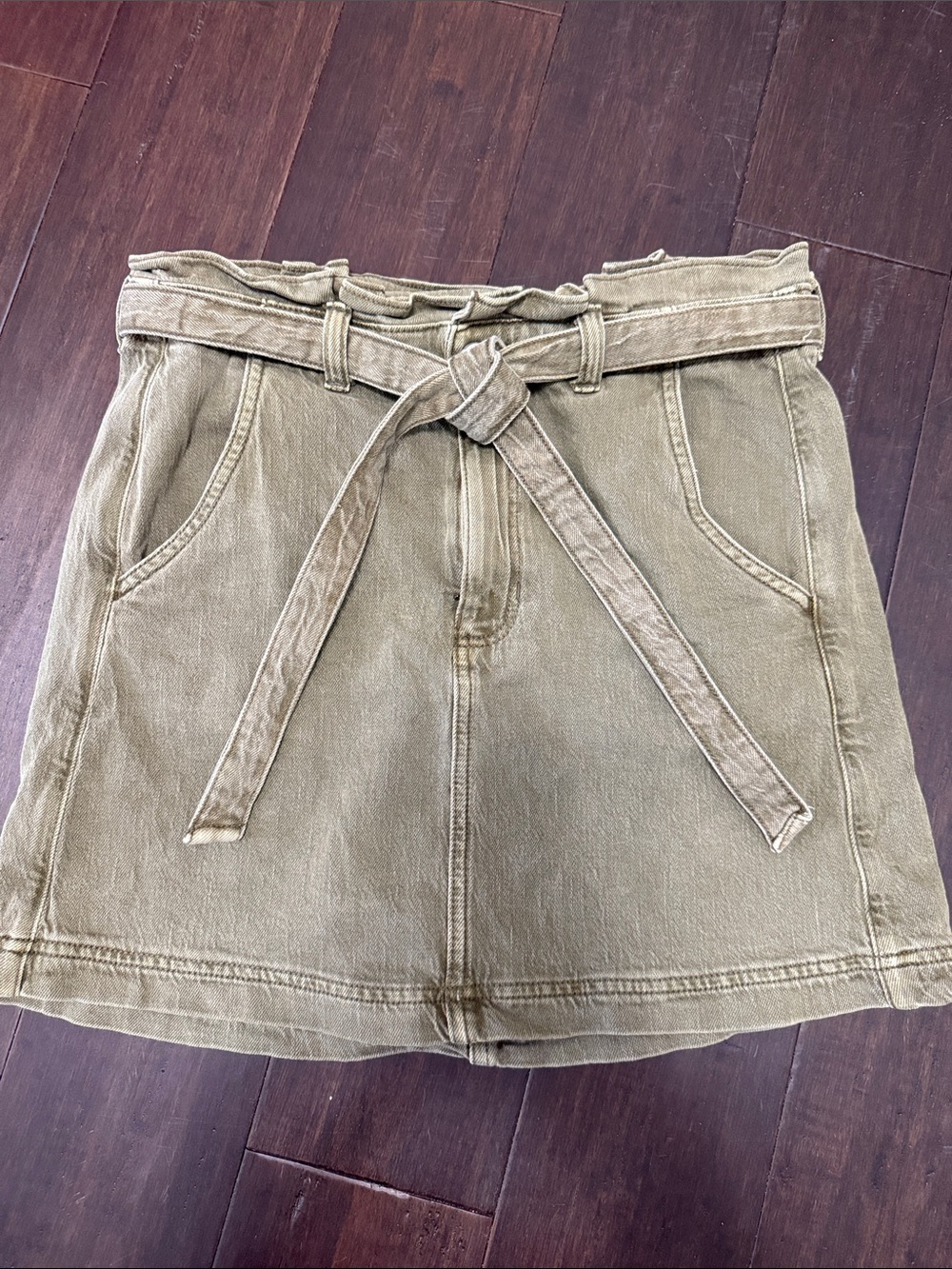 American Eagle Olive Tie-Belt Denim Skirt